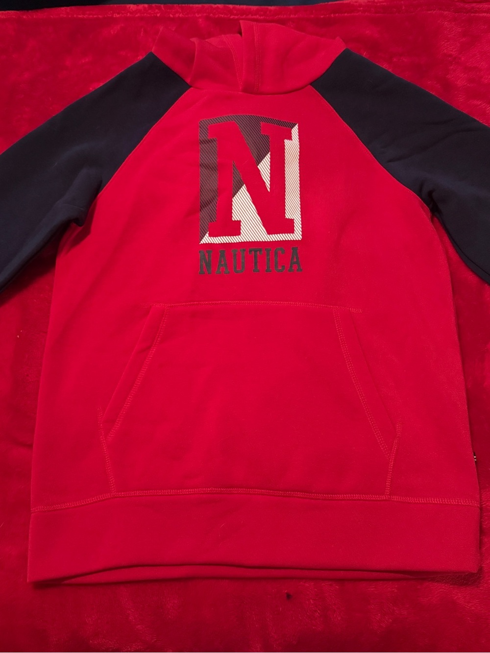 NWT Nautica Boys Colorblock Logo Hoodie Sweatshirt Red Navy Blue Size L (14/16)